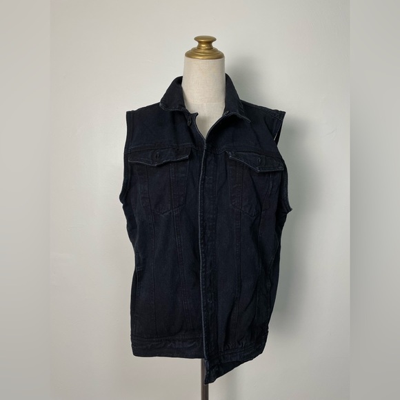vintage y2k cotton black denim vest jacket pockets mens large metal button rude - Picture 3 of 12